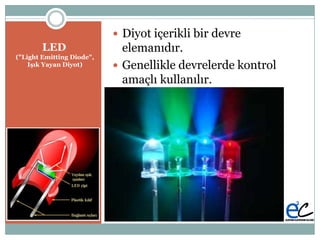 LED
("Light Emitting Diode",
Işık Yayan Diyot)
 Diyot içerikli bir devre
elemanıdır.
 Genellikle devrelerde kontrol
amaçlı kullanılır.
 