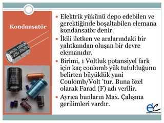 Kondansatör
 Elektrik yükünü depo edebilen ve
gerektiğinde boĢaltabilen elemana
kondansatör denir.
 Ġkili iletken ve aralarındaki bir
yalıtkandan oluĢan bir devre
elemanıdır.
 Birimi, 1 Voltluk potansiyel fark
için kaç coulomb yük tutulduğunu
belirten büyüklük yani
Coulomb/Volt ’tur. Buna özel
olarak Farad (F) adı verilir.
 Ayrıca bunların Max. ÇalıĢma
gerilimleri vardır.
 