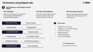 Rapid Release and Change Control
Single source of truth for test operations
in the complete S/4HANA lifecycle
including FPS/SPS upgrades
Test Catalogue Test Recommendations
Auto-test recommendations based
on Impact, Volume, Value, And
Velocity Of Business Processes
Test Execution Console
Business layer aligned testing, business
E-bots For Fiori app testing, and test
run schedulers
Process Coverage
Script Recording Testing Sign Offs
Process Heatmaps
Training Document
Automated Test Data
UI Based Testing User Adoption Tracker
Intelligent Scope Bots Test Performance Reports
Testcase Discovery
Use Cases
• S/4HANA Go Live Testing
• Intelligent User Acceptance Testing
• SAP Add Ons Testing
• Salesforce Testing
• Change Management
• Feature Pack Upgrades
Autonomous Testing
Empowered on SAP standards
SAP Business API
Orchestrate using Digital Labs
 