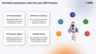 Enriched automation value for your SAP Practice
SAP Transformations
Leverage the platform to
orchestrate continuous
transformation cycles
SAP Customer Signoff
Onboard customers and
drive Signoffs to ensure
seamless SAP Go-lives
SAP Delivery Excellence
Any number of users from
your SAP Practice can
experience and excel
S/4HANA Projects
Run greenfield, brownfield,
support projects towards
the S/4HANA transition
 