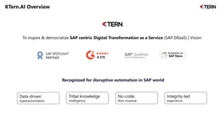 KTern.AI Overview
4.7/5
Recognized for disruptive automation in SAP world
To inspire & democratize SAP centric Digital Transformation as a Service (SAP DXaaS) | Vision
SAP SPOTLIGHT
PARTNER
Data-driven
hyperautomation
Tribal knowledge
intelligence
No-code,
Non-invasive
Integrity-led
experience
 
