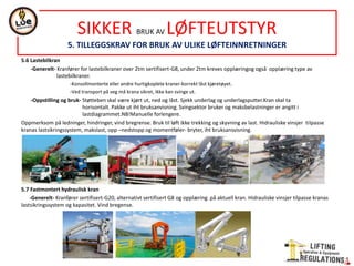 5.6 Lastebilkran
-Generelt- Kranfører for lastebilkraner over 2tm sertifisert-G8, under 2tm kreves opplæringog også opplæring type av
lastebilkraner.
-Konsollmonterte eller andre hurtigkoplete kraner-korrekt låst kjøretøyet.
-Ved transport på veg må krana sikret, ikke kan svinge ut.
-Oppstilling og bruk- Støtteben skal være kjørt ut, ned og låst. Sjekk underlag og underlagsputter.Kran skal ta
horisontalt. Pakke ut iht bruksanvisning. Svingsektor bruker og maksbelastninger er angitt i
lastdiagrammet.NB!Manuelle forlengere.
Oppmerksom på ledninger, hindringer, vind bregrense. Bruk til løft ikke trekking og skyvning av last. Hidrauliske vinsjer tilpasse
kranas lastsikringssystem, makslast, opp –nedstopp og momentføler- bryter, iht bruksansvisning.
5.7 Fastmontert hydraulisk kran
-Generelt- Kranfører sertifisert-G20, alternativt sertifisert G8 og opplæring på aktuell kran. Hidrauliske vinsjer tilpasse kranas
lastsikringssystem og kapasitet. Vind bregense.
SIKKER BRUK AV LØFTEUTSTYR
5. TILLEGGSKRAV FOR BRUK AV ULIKE LØFTEINNRETNINGER
 