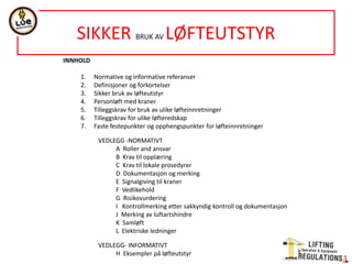 SIKKER BRUK AV LØFTEUTSTYR
INNHOLD
1. Normative og informative referanser
2. Definisjoner og forkortelser
3. Sikker bruk av løfteutstyr
4. Personløft med kraner
5. Tilleggskrav for bruk av ulike løfteinnretninger
6. Tilleggskrav for ulike løfteredskap
7. Faste festepunkter og opphengspunkter for løfteinnretninger
VEDLEGG -NORMATIVT
A Roller and ansvar
B Krav til opplæring
C Krav til lokale prosedyrer
D Dokumentasjon og merking
E Signalgiving til kraner
F Vedlikehold
G Risikovurdering
I Kontrollmerking etter sakkyndig kontroll og dokumentasjon
J Merking av luftartshindre
K Samløft
L Elektriske ledninger
VEDLEGG- INFORMATIVT
H Eksempler på løfteutstyr
 