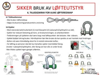 6.7 Ståltauklemmer
- Ikke brukes i løfteredskap
- Følges bruksanvisning/produsentens anvisning
6.8 Sjakler
- Med roterende bolt/mutterbolt (1) med låsesplint (2) (saksesplint/splittsplint av stål).
- Sjakler har redusert belasting på tvers, se bruksanvisningen, se arbeidsvinkelen
- Trekkretningen på sjakkelen skal være langs med løftepunktet- det belastes ikke sideveis.
- Sjakkel dobbel sikring brukes. Hårnålsplinter bør ikke brukes da kan sprette ut ved kontakt med hindringer.
- Bolten må være tilstrekkelig sikret for å motstå roterende krefter.
- For løfting av personer skal det kun benyttes sjakler med dobbel låsing.
(mutter +sakseplint/splittsplint, eller låsing son kan slås ut under bruk)
-Ikke tillates sjakkel ingen gjenget utførelse.
SIKKER BRUK AV LØFTEUTSTYR
6. TILLEGGSKRAV FOR ULIKE LØFTEREDSKAP
KONTROLLPUNKTER IKKE BRUK
 