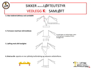 3. Ikke-loddrett løftetau ved samløføft
4. To kraner med hver sitt krokfeste
5. Løfting med ulik hastighet
6. Bruk av åk- oppnås en mer pålitelig lastfordeling og redusere veltekreftene.
SIKKER BRUK AV LØFTEUTSTYR
VEDLEGG K: SAMLØFT
 