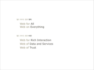 월드 와이드 웹의 원칙
Web for All
Web on Everything
월드 와이드 웹의 비전
Web for Rich Interaction
Web of Data and Services
Web of Trust
 