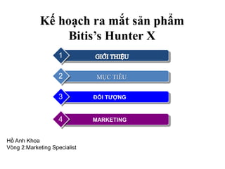 Kế hoạch ra mắt sản phẩm
Bitis’s Hunter X
1
2
ĐỐI TƯỢNG3
MARKETING4
MỤC TIÊU
Hồ Anh Khoa
Vòng 2:Marketing Specialist
 