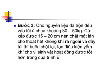  Bước 3: Cho nguyên liệu đã trộn đều
vào túi ủ chua khoảng 30 – 50kg. Cứ
xếp được 15 – 20 cm nén chặt một lần
cho thoát hết không khí ra ngoài và đầy
túi thì buộc chặt lại, tạo điều kiện yếm
khí cho vi sinh vật hoạt động được tốt
hơn trong quá trình ủ.
 