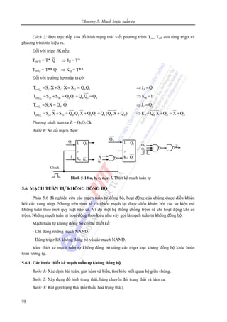 Chương 5: Mạch logic tuần tự
98
Cách 2: Dựa trực tiếp vào đồ hình trạng thái viết phương trình Ton, Toff của từng trigơ và
phương trình tín hiệu ra.
Đối với trigơ JK nếu:
Ton Q = T* Q ⇒ JQ = T*
ToffQ = T** Q ⇒ KQ = T**
Đối với trường hợp này ta có:
0
0
1
1
onQ 12 12 12 0 1 0 1
offQ 35 46 0 1 0 1 0 0
onQ 0 0 1 1 0
offQ 12 35 0 1 0 1 1 0 0 1 0 0 0
T S X S X S Q Q J Q
T S S Q Q Q Q Q K 1
T S X Q Q J Q
T S X S Q Q X Q Q Q (Q X Q ) K Q X Q X Q
= + = = ⇒ =
= + = + = ⇒ =
= = ⇒ =
= + = + = + ⇒ = + = +
Phương trình hàm ra Z = Q0Q1Ck
Bước 6: Sơ đồ mạch điện:
5.6. MẠCH TUẦN TỰ KHÔNG ĐỒNG BỘ
Phần 5.6 đã nghiên cứu các mạch tuần tự đồng bộ, hoạt động của chúng được điều khiển
bởi các xung nhịp. Nhưng trên thực tế có nhiều mạch lại được điều khiển bởi các sự kiện mà
không tuân theo một quy luật nào cả. Ví dụ một hệ thống chống trộm sẽ chỉ hoạt động khi có
trộm. Những mạch tuần tự hoạt động theo kiểu như vậy gọi là mạch tuần tự không đồng bộ.
Mạch tuần tự không đồng bộ có thể thiết kế:
- Chỉ dùng những mạch NAND.
- Dùng trigơ RS không đồng bộ và các mạch NAND.
Việc thiết kế mạch tuần tự không đồng bộ dùng các trigơ loại không đồng bộ khác hoàn
toàn tương tự.
5.6.1. Các bước thiết kế mạch tuần tự không đồng bộ
Bước 1: Xác định bài toán, gán hàm và biến, tìm hiểu mối quan hệ giữa chúng.
Bước 2: Xây dựng đồ hình trạng thái, bảng chuyển đổi trạng thái và hàm ra.
Bước 3: Rút gọn trạng thái (tối thiểu hoá trạng thái).
Clock
J0 Q0
>
K0 0Q
J1 Q1
>
K1 1Q1
Q1
0Q
Q0
Q1
X
0Q
Hình 5-18 a, b, c, d, e, f. Thiết kế mạch tuần tự
Z
 