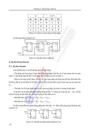 Chương 5: Mạch logic tuần tự
112
n n + 1
Q2 Q1 Q0 Qk
2 Qk
1 Qk
0
1 0 1 0 1 0
1 1 0 0 1 0
1 1 1 0 0 0
Bảng 5-18. Kiểm tra khả năng tự khởi động
Sơ đồ mạch điện ở hình 5-32:
B. Bộ đếm không đồng bộ.
B. 1. Bộ đếm nhị phân
Các bộ đếm này có sơ đồ rất đơn giản với đặc điểm:
- Chỉ dùng một loại trigơ T hoặc JK. Nếu dùng trigơ T thì lối vào T luôn được nối với mức
logic '1', nếu dùng trigơ JK thì J và K được nối với nhau và nối với mức '1'.
- Đầu ra của trigơ trước được nối với lối vào xung nhịp của trigơ sau kế tiếp. Khi đếm tiến
thì lấy ở đầu ra Q, khi đếm lùi thì lấy ở đầu ra Q (với giả thiết xung Clock tích cực tại sườn âm
↓).
- Tín hiệu vào Xđ luôn được đưa tới lối vào xung nhịp của trigơ có trọng số nhỏ nhất.
Ví dụ đối với bộ đếm nhị phân không đồng bộ Mđ = 2n
dùng các trigơ Q0, Q1 …Qn-1 với Q0
là bit có trọng số nhỏ nhất, Qn-1 là bit có trọng số lớn nhất, ta có:
- Khi đếm tiến: CQo = X; CQ1 = Q0…CQn-1 = CQn-2.
- Khi đếm lùi: CQo = X; CQ1 = 0Q …CQn-1 = 2nQ
C −
Sơ đồ của bộ đếm nhị phân không đồng bộ 3 bit (Mđ = 8 - đếm tiến) dùng trigơ JK được cho
ở hình 5-33
Clock
J0 Q0
>
K0 0Q
J1 Q1
>
K1 1Q
'1' '1'
J2 Q2
>
K2 2Q
'1'
'1'
'1' '1'
Hình 5-33. Bộ đếm nhị phân không đồng bộ 3 bit
Clock
J0 Q0
>
K0 0Q
J1 Q1
>
K1 1Q'1' '1'
J2 Q2
>
K2 2Q
Hình 5-32. Bộ đếm Mod 5 đồng bộ
 