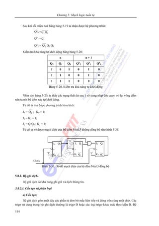 Chương 5: Mạch logic tuần tự
114
Sau khi tối thiểu hoá bằng bảng 5-19 ta nhận được hệ phương trình:
Qk
0 = 02 QQ
Qk
1 = 1Q
Qk
2 = 2Q Q1 Q0
Kiểm tra khả năng tự khởi động bằng bảng 5-20:
n n + 1
Q2 Q1 Q0 Qk
2 Qk
1 Qk
0
1 0 1 0 1 0
1 1 0 0 1 0
1 1 1 0 0 0
Bảng 5-20. Kiểm tra khả năng tự khởi động
Nhìn vào bảng 5-20, ta thấy các trạng thái dư sau 1 số xung nhịp đều quay trở lại vòng đếm
nên ta nói bộ đếm này tự khởi động.
Từ đó ta tìm được phương trình hàm kích:
J0 = 2Q ; K0 = 1;
J1 = K1 = 1;
J2 = Q1Q0 ; K2 = 1;
Từ đó ta vẽ được mạch điện của bộ đếm Mod 5 không đồng bộ như hình 5-36.
5.8.2. Bộ ghi dịch.
Bộ ghi dịch có khả năng ghi giữ và dịch thông tin.
5.8.2.1. Cấu tạo và phân loại
a) Cấu tạo:
Bộ ghi dịch gồm một dãy các phần tử đơn bit mắc liên tiếp và đóng trên cùng một chip. Các
trigơ sử dụng trong bộ ghi dịch thường là trigơ D hoặc các loại trigơ khác mắc theo kiểu D. Để
Clock
J0 Q0
>
K0 0Q
J1 Q1
>
K1 1Q'1' '1'
J2 Q2
>
K2 2Q
'1'
'1'
Hình 5-36. Sơ đồ mạch điện của bộ đếm Mod 5 đồng bộ
 