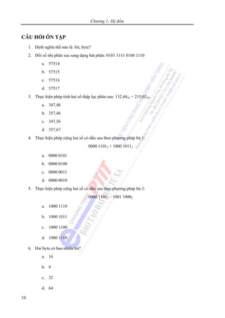 Chương 1: Hệ đếm
10
CÂU HỎI ÔN TẬP
1. Định nghĩa thế nào là bit, byte?
2. Đổi số nhị phân sau sang dạng bát phân: 0101 1111 0100 1110
a. 57514
b. 57515
c. 57516
d. 57517
3. Thực hiện phép tính hai số thập lục phân sau: 132,4416 + 215,0216.
a. 347,46
b. 357,46
c. 347,56
d. 357,67
4. Thực hiện phép cộng hai số có dấu sau theo phương pháp bù 1:
0000 11012 + 1000 10112
a. 0000 0101
b. 0000 0100
c. 0000 0011
d. 0000 0010
5. Thực hiện phép cộng hai số có dấu sau theo phương pháp bù 2:
0000 11012 – 1001 10002
a. 1000 1110
b. 1000 1011
c. 1000 1100
d. 1000 1110
6. Hai byte có bao nhiêu bit?
a. 16
b. 8
c. 32
d. 64
 