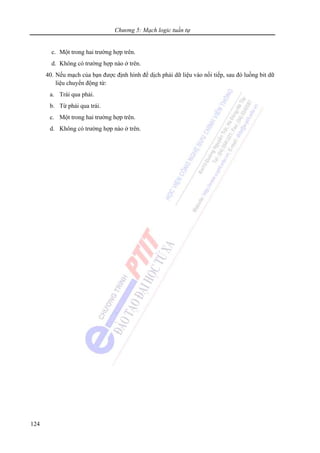 Chương 5: Mạch logic tuần tự
124
c. Một trong hai trường hợp trên.
d. Không có trường hợp nào ở trên.
40. Nếu mạch của bạn được định hình để dịch phải dữ liệu vào nối tiếp, sau đó luồng bit dữ
liệu chuyển động từ:
a. Trái qua phải.
b. Từ phải qua trái.
c. Một trong hai trường hợp trên.
d. Không có trường hợp nào ở trên.
 