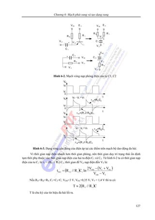Chương 6: Mạch phát xung và tạo dạng xung
127
VH2 E C
R f2
R 1
VL1
C 1
V i2+-
VH2
C 2
R f1
VL1
V i1
+ -
+
-C 2
V i1
VL1
VH2
R f1
E CVH2
R 1R f2
-
+
C 1
VL1
V i2
Hình 6-2. Mạch vòng nạp phóng điện của tụ C1, C2
Hình 6-3. Dạng sóng gần đúng của điện áp tại các điểm trên mạch bộ dao động đa hài.
Vì thời gian nạp điện nhanh hơn thời gian phóng, nên thời gian duy trì trạng thái ổn định
tạm thời phụ thuộc vào thời gian nạp điện của hai tu điện C1 và C2. Từ hình 6-2 ta có thời gian nạp
điện của tu C1 là τ1 = (Rf2 // R1) C1, thời gian để Vi2 nạp điện đến VT là:
( ) ( )
TOH
OLTOH
112f2M
VV
VVV2
lnCR//Rt
−
+−
=
Nếu Rf1=Rf2=Rf, C1=C2=C, VOH=3 V, VOL=0,35 V, VT = 1,4 V thì ta có:
( )CR//R2T 1f≈
T là chu kỳ của tín hiệu đa hài lối ra.
 