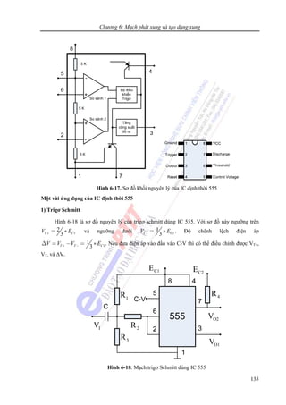 Chương 6: Mạch phát xung và tạo dạng xung
135
Bộ điều
khiển
Trigơ
Tầng
công suất
lối ra
-
+
+
-
5 K
5 K
5 K
So sánh 1
1 7
3
4
8
5
6
2
So sánh 2
Hình 6-17. Sơ đồ khối nguyên lý của IC định thời 555
Một vài ứng dụng của IC định thời 555
1) Trigơ Schmitt
Hình 6-18 là sơ đồ nguyên lý của trigơ schmitt dùng IC 555. Với sơ đồ này ngưỡng trên
1
2
3T CV E+ = ∗ và ngưỡng dưới 1
1
3T CV E− = ∗ . Độ chênh lệch điện áp
1
1
3T T CV V V E+ −Δ = − = ∗ . Nếu đưa điện áp vào đầu vào C-V thì có thể điều chỉnh được VT+,
VT- và ΔV.
1R
2R
3R
4R
IV
O1V
O2V
C1E C2E
Hình 6-18. Mạch trigơ Schmitt dùng IC 555
 