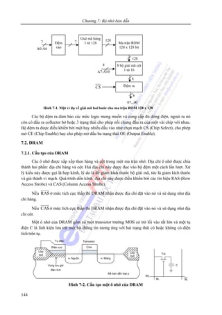 Chương 7: Bộ nhớ bán dẫn
144
Các bộ đệm ra đảm bảo các mức logic mong muốn và cung cấp đủ dòng điện, ngoài ra nó
còn có đầu ra collector hở hoặc 3 trạng thái cho phép nối chung đầu ra của một vài chip với nhau.
Bộ đệm ra được điều khiển bởi một hay nhiều đầu vào như chọn mạch CS (Chip Select), cho phép
mở CE (Chip Enable) hay cho phép mở đầu ba trạng thái OE (Output Enable).
7.2. DRAM
7.2.1. Cấu tạo của DRAM
Các ô nhớ được xắp xếp theo hàng và cột trong một ma trận nhớ. Địa chỉ ô nhớ được chia
thành hai phần: địa chỉ hàng và cột. Hai địa chỉ này được đọc vào bộ đệm một cách lần lượt. Xử
lý kiểu này được gọi là hợp kênh, lý do là để giảm kích thước bộ giải mã, tức là giảm kích thước
và giá thành vi mạch. Quá trình dồn kênh địa chỉ này được điều khiển bởi các tín hiệu RAS (Row
Access Strobe) và CAS (Column Access Strobe).
Nếu RAS ở mức tích cực thấp thì DRAM nhận được địa chỉ đặt vào nó và sử dụng như địa
chỉ hàng.
Nếu CASở mức tích cực thấp thì DRAM nhận được địa chỉ đặt vào nó và sử dụng như địa
chỉ cột.
Một ô nhớ của DRAM gồm có một transistor trường MOS có trở lối vào rất lớn và một tụ
điện C là linh kiện lưu trữ một bit thông tin tương ứng với hai trạng thái có hoặc không có điện
tích trên tụ.
Lớp
ôxit
n- Nguồn n- Máng
Đế bán dẫn loại p
Lớp
ôxit
Tra
Điện cực Cửa
Vùng lưu giữ
điện tích
Tụ điện Transistor
WL
BL BL
C
Hình 7-2. Cấu tạo một ô nhớ của DRAM
Đệm
vào
Giải mã hàng
1 từ 128 Ma trận ROM
128 x 128 bit
8 bộ giải mã cột
1 từ 16
Đệm ra
7
A0-A6
7 128
128
8
8
07,,,00
4
A7-A10
CS
Hình 7-1. Một ví dụ về giải mã hai bước cho ma trận ROM 128 x 128
 