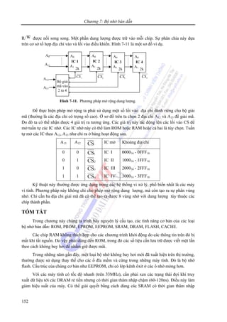 Chương 7: Bộ nhớ bán dẫn
152
R/ w được nối song song. Một phần dung lượng được trữ vào mỗi chíp. Sự phân chia này dựa
trên cơ sở tổ hợp địa chỉ vào và lối vào điều khiển. Hình 7-11 là một sơ đồ ví dụ.
Để thực hiện phép mở rộng ta phải sử dụng một số lối vào địa chỉ dành riêng cho bộ giải
mã (thường là các địa chỉ có trọng số cao). Ở sơ đồ trên ta chọn 2 địa chỉ A12 và A13 để giải mã.
Do đó ta có thể nhận được 4 giá trị ra tương ứng. Các giá trị này tác động lên các lối vào CS để
mở tuần tự các IC nhớ. Các IC nhớ này có thể làm ROM hoặc RAM hoặc cả hai là tùy chọn. Tuần
tự mở các IC theo A12, A13 như chỉ ra ở bảng hoạt động sau.
A13 A12 CS IC mở Khoảng địa chỉ
0
0
1
1
0
1
0
1
1CS
2CS
3CS
4CS
IC I
IC II
IC III
IC IV
000016 - 0FFF16
100016 - 1FFF16
200016 - 2FFF16
300016 - 3FFF16
Kỹ thuật này thường được ứng dụng trong các hệ thống vi xử lý, phổ biến nhất là các máy
vi tính. Phương pháp này không chỉ cho phép mở rộng dung lượng, mà còn tạo ra sự phân vùng
nhớ. Chỉ cần ba địa chỉ giải mã đã có thể tạo ra được 8 vùng nhớ với dung lượng tùy thuộc các
chíp thành phần.
TÓM TẮT
Trong chương này chúng ta trình bày nguyên lý cấu tạo, các tính năng cơ bản của các loại
bộ nhớ bán dẫn: ROM, PROM, EPROM, EEPROM, SRAM, DRAM, FLASH, CACHE.
Các chip RAM không thích hợp cho các chương trình khởi động do các thông tin trên đó bị
mất khi tắt nguồn. Do vậy phải dùng đến ROM, trong đó các số liệu cần lưu trữ được viết một lần
theo cách không bay hơi để nhằm giữ được mãi.
Trong những năm gần đây, một loại bộ nhớ không bay hơi mới đã xuất hiện trên thị trường,
thường được sử dụng thay thế cho các ổ đĩa mềm và cứng trong những máy tính. Đó là bộ nhớ
flash. Cấu trúc của chúng cơ bản như EEPROM, chỉ có lớp kênh ôxit ở các ô nhớ mỏng hơn.
Với các máy tính có tốc độ nhanh (trên 33MHz), cần phải xen các trạng thái đợi khi truy
xuất dữ liệu tới các DRAM rẻ tiền nhưng có thời gian thâm nhập chậm (60-120ns). Điều này làm
giảm hiệu suất của máy. Có thể giải quyết bằng cách dùng các SRAM có thời gian thâm nhập
A0
A11
A12
A13
Bộ giải
mã vào
2 ra 4
1CS 2CS
Hình 7-11. Phương pháp mở rộng dung lượng.
IC 1
A0
A1
2k
3CS 4
CS
IC 2
A0
A1
2k
IC 3
A0
A1
2k
IC 4
A0
A1
2k
 