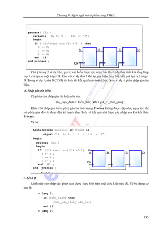 Chương 9: Ngôn ngữ mô tả phần cứng VHDL
195
...
process( Clk )
variable B, C, D : bit := ‘1’;
begin
If ( Clk’event and Clk =‘1’ ) then
D := C;
C := B;
B := A;
end if;
end process ;
Clk
A CB D
Clk
A CB D
Chú ý trong 2 ví dụ trên, giá trị các biến được cập nhập tức thì, ví dụ thứ nhất khi tổng hợp
mạch chỉ tạo ra một triger D. Còn với ví dụ thứ 2 thứ tự gán biến thay đổi, kết quả tạo ra 3 triger
D. Trong ví dụ 1, nếu B,C,D là tín hiệu thì kết quả hoàn toàn khác. Xem ví dụ ở phần phép gán tín
hiệu.
b. Phép gán tín hiệu
Cú pháp của phép gán tín hiệu như sau:
Tín_hiệu_đích<= biểu_thức [after giá_trị_thời_gian];
Khác với phép gán biến, phép gán tín hiệu trong Process không được cập nhập ngay tức thì
mà phép gán đó chỉ được đặt kế hoạch thực hiện và kết quả chỉ được cập nhập sau khi kết thúc
Process.
Ví dụ:
c. Lệnh if
Lệnh này cho phép các phép toán được thực hiện trên một điều kiện nào đó. Có ba dạng cơ
bản là:
+ Dạng 1:
if (Điều_kiện) then
<Các_câu_lệnh_tuần_tự>;
end if;
+ Dạng 2:
Architecture Behavior of Triger is
signal Clk, A, B, C, D : bit := ‘1’;
Begin
process( Clk )
begin
If (Clk’event and Clk =‘1’) then
B <= A ;
C <= B ;
D <= C ;
end if ;
end process ;
End Behavior;
Clk
A CB D
Clk
A CB D
 
