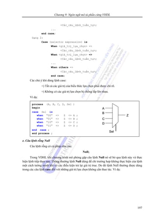 Chương 9: Ngôn ngữ mô tả phần cứng VHDL
197
<Các_câu_lệnh_tuần_tự>;
...
end case;
Dạng 2:
Case (selector expression) is
When <giá_trị_lựa_chọn> =>
<Các_câu_lệnh_tuần_tự>;
When <giá_trị_lựa_chọn> =>
<Các_câu_lệnh_tuần_tự>;
...
When others =>
<Các_câu_lệnh_tuần_tự>;
end case;
Các chú ý khi dùng lệnh case:
+) Tất cả các giá trị của biểu thức lựa chọn phải được chỉ rõ.
+) Không có các giá trị lựa chọn bị chồng lấp lên nhau.
Ví dụ:
e. Câu lệnh rỗng Null
Câu lệnh rỗng có cú pháp như sau:
Null;
Trong VDHL khi chương trình mô phỏng gặp câu lệnh Null nó sẽ bỏ qua lệnh này và thực
hiện lệnh tiếp theo sau. Thông thường lệnh Null dùng để chỉ trường hợp không thực hiện của lệnh
một cách tường minh khi có các điều kiện trả lại giá trị true. Do đó lệnh Null thường được dùng
trong các câu lệnh case đối với những giá trị lựa chọn không cần thao tác. Ví dụ:
process (A, B, C, D, Sel )
begin
case Sel is
when “00” => Z <= A ;
when “01” => Z <= B ;
when “10” => Z <= C ;
when “11” => Z <= D ;
end case ;
end process ;
Z
D
C
B
A
Sel
Z
D
C
B
A
Sel
 