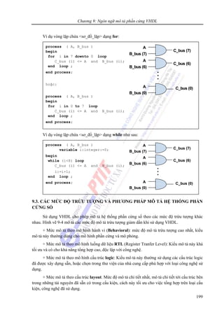 Chương 9: Ngôn ngữ mô tả phần cứng VHDL
199
Ví dụ vòng lặp chứa <sơ_đồ_lặp> dạng for:
Ví dụ vòng lặp chứa <sơ_đồ_lặp> dạng while như sau:
9.3. CÁC MỨC ĐỘ TRỪU TƯỢNG VÀ PHƯƠNG PHÁP MÔ TẢ HỆ THỐNG PHẦN
CỨNG SỐ
Sử dụng VHDL cho phép mô tả hệ thống phần cứng số theo các mức độ trừu tượng khác
nhau. Hình vẽ 9-4 mô tả các mức độ mô tả trừu tượng giảm dần khi sử dụng VHDL.
+ Mức mô tả theo mô hình hành vi (Behavioral): mức độ mô tả trừu tượng cao nhất, kiểu
mô tả này thường dùng cho mô hình phần cứng và mô phỏng.
+ Mức mô tả theo mô hình luồng dữ liệu RTL (Register Tranfer Level): Kiểu mô tả này khá
tối ưu và có cho khả năng tổng hợp cao, độc lập với công nghệ.
+ Mức mô tả theo mô hình cấu trúc logic: Kiểu mô tả này thường sử dụng các cấu trúc logic
đã được xây dựng sẵn, hoặc chọn trong thư viện của nhà cung cấp phù hợp với loại công nghệ sử
dụng.
+ Mức mô tả theo cấu trúc layout. Mức độ mô tả chi tiết nhất, mô tả chi tiết tới cấu trúc bên
trong những tài nguyên đã sẵn có trong cấu kiện, cách này tối ưu cho việc tổng hợp trên loại cấu
kiện, công nghệ đã sử dụng.
process ( A, B_bus )
begin
for i in 7 downto 0 loop
C_bus (i) <= A and B_bus (i);
end loop ;
end process;
hoặc:
process ( A, B_bus )
begin
for i in 0 to 7 loop
C_bus (i) <= A and B_bus (i);
end loop ;
end process;
A
B_bus (7)
A
..
.
A
B_bus (6)
B_bus (0)
C_bus (7)
C_bus (6)
C_bus (0)A
B_bus (7)
A
..
.
A
B_bus (6)
B_bus (0)
C_bus (7)
C_bus (6)
C_bus (0)
process ( A, B_bus )
variable i:integer:=0;
begin
while (i<8) loop
C_bus (i) <= A and B_bus (i);
i:=i+1;
end loop ;
end process; A
B_bus (7)
A
.
..
A
B_bus (6)
B_bus (0)
C_bus (7)
C_bus (6)
C_bus (0)A
B_bus (7)
A
.
..
A
B_bus (6)
B_bus (0)
C_bus (7)
C_bus (6)
C_bus (0)
 