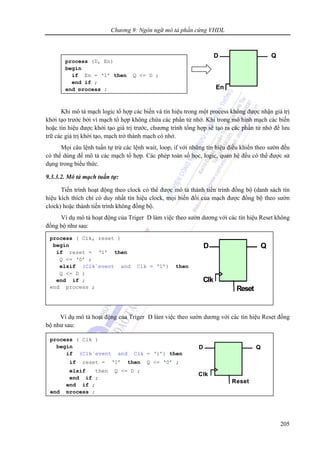 Chương 9: Ngôn ngữ mô tả phần cứng VHDL
205
Khi mô tả mạch logic tổ hợp các biến và tín hiệu trong một process không được nhận giá trị
khởi tạo trước bởi vì mạch tổ hợp không chứa các phần tử nhớ. Khi trong mô hình mạch các biến
hoặc tín hiệu được khởi tạo giá trị trước, chương trình tổng hợp sẽ tạo ra các phần tử nhớ để lưu
trữ các giá trị khởi tạo, mạch trở thành mạch có nhớ.
Mọi câu lệnh tuần tự trừ các lệnh wait, loop, if với những tín hiệu điều khiển theo sườn đều
có thể dùng để mô tả các mạch tổ hợp. Các phép toán số học, logic, quan hệ đều có thể được sử
dụng trong biểu thức.
9.3.3.2. Mô tả mạch tuần tự:
Tiến trình hoạt động theo clock có thể được mô tả thành tiến trình đồng bộ (danh sách tín
hiệu kích thích chỉ có duy nhất tín hiệu clock, mọi biến đổi của mạch được đồng bộ theo sườn
clock) hoặc thành tiến trình không đồng bộ.
Ví dụ mô tả hoạt động của Triger D làm việc theo sườn dương với các tín hiệu Reset không
đồng bộ như sau:
Ví dụ mô tả hoạt động của Triger D làm việc theo sườn dương với các tín hiệu Reset đồng
bộ như sau:
process (D, En)
begin
if En = ‘1’ then Q <= D ;
end if ;
end process ;
QD
En
QD
En
process ( Clk )
begin
if (Clk`event and Clk = ‘1’) then
if reset = ‘1’ then Q <= ‘0’ ;
elsif then Q <= D ;
end if ;
end if ;
end process ;
QD
Clk
Reset
QD
Clk
Reset
process ( Clk, reset )
begin
if reset = ‘1’ then
Q <= ‘0’ ;
elsif (Clk`event and Clk = ‘1’) then
Q <= D ;
end if ;
end process ;
QD
Clk
Reset
QD
Clk
Reset
 