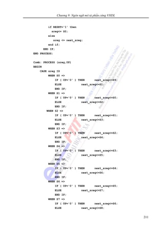 Chương 9: Ngôn ngữ mô tả phần cứng VHDL
211
if RESET='1' then
sreg<= S0;
else
sreg <= next_sreg;
end if;
END IF;
END PROCESS;
Comb: PROCESS (sreg,UP)
BEGIN
CASE sreg IS
WHEN S0 =>
IF ( UP='0' ) THEN next_sreg<=S9;
ELSE next_sreg<=S1;
END IF;
WHEN S1 =>
IF ( UP='0' ) THEN next_sreg<=S0;
ELSE next_sreg<=S2;
END IF;
WHEN S2 =>
IF ( UP='0' ) THEN next_sreg<=S1;
ELSE next_sreg<=S3;
END IF;
WHEN S3 =>
IF ( UP='0' ) THEN next_sreg<=S2;
ELSE next_sreg<=S4;
END IF;
WHEN S4 =>
IF ( UP='0' ) THEN next_sreg<=S3;
ELSE next_sreg<=S5;
END IF;
WHEN S5 =>
IF ( UP='0' ) THEN next_sreg<=S4;
ELSE next_sreg<=S6;
END IF;
WHEN S6 =>
IF ( UP='0' ) THEN next_sreg<=S5;
ELSE next_sreg<=S7;
END IF;
WHEN S7 =>
IF ( UP='0' ) THEN next_sreg<=S6;
ELSE next_sreg<=S8;
 