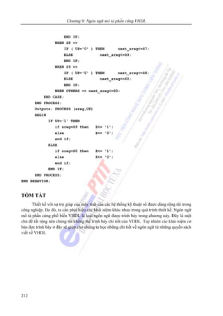 Chương 9: Ngôn ngữ mô tả phần cứng VHDL
212
END IF;
WHEN S8 =>
IF ( UP='0' ) THEN next_sreg<=S7;
ELSE next_sreg<=S9;
END IF;
WHEN S9 =>
IF ( UP='0' ) THEN next_sreg<=S8;
ELSE next_sreg<=S0;
END IF;
WHEN OTHERS => next_sreg<=S0;
END CASE;
END PROCESS;
Outputs: PROCESS (sreg,UP)
BEGIN
IF UP='1' THEN
if sreg=S9 then Z<= '1';
else Z<= '0';
end if;
ELSE
if sreg=S0 then Z<= '1';
else Z<= '0';
end if;
END IF;
END PROCESS;
END BEHAVIOR;
TÓM TẮT
Thiết kế với sự trợ giúp của máy tính của các hệ thống kỹ thuật số được dùng rộng rãi trong
công nghiệp. Do đó, ta cần phải hiểu các khái niệm khác nhau trong quá trính thiết kế. Ngôn ngữ
mô tả phần cứng phổ biến VHDL là loại ngôn ngữ được trình bày trong chương này. Đây là một
chủ đề rất rộng nên chúng tôi khổng thể trình bày chi tiết của VHDL. Tuy nhiên các khái niệm cơ
bản đợc trình bày ở đây sẽ giúp cho chúng ta học những chi tiết về ngôn ngữ từ những quyển sách
viết về VHDL
 