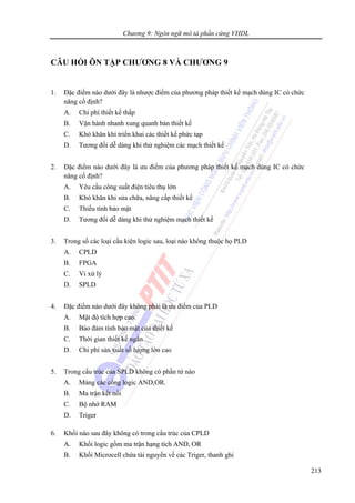 Chương 9: Ngôn ngữ mô tả phần cứng VHDL
213
CÂU HỎI ÔN TẬP CHƯƠNG 8 VÀ CHƯƠNG 9
1. Đặc điểm nào dưới đây là nhược điểm của phương pháp thiết kế mạch dùng IC có chức
năng cố định?
A. Chi phí thiết kế thấp
B. Vận hành nhanh xung quanh bản thiết kế
C. Khó khăn khi triển khai các thiết kế phức tạp
D. Tương đối dễ dàng khi thử nghiệm các mạch thiết kế
2. Đặc điểm nào dưới đây là ưu điểm của phương pháp thiết kế mạch dùng IC có chức
năng cố định?
A. Yêu cầu công suất điện tiêu thụ lớn
B. Khó khăn khi sửa chữa, nâng cấp thiết kế
C. Thiếu tính bảo mật
D. Tương đối dễ dàng khi thử nghiệm mạch thiết kế
3. Trong số các loại cấu kiện logic sau, loại nào không thuộc họ PLD
A. CPLD
B. FPGA
C. Vi xử lý
D. SPLD
4. Đặc điểm nào dưới đây không phải là ưu điểm của PLD
A. Mật độ tích hợp cao.
B. Bảo đảm tính bảo mật của thiết kế
C. Thời gian thiết kế ngắn
D. Chi phí sản xuất số lượng lớn cao
5. Trong cấu trúc của SPLD không có phần tử nào
A. Mảng các cổng logic AND,OR.
B. Ma trận kết nối
C. Bộ nhớ RAM
D. Triger
6. Khối nào sau đây không có trong cấu trúc của CPLD
A. Khối logic gồm ma trận hạng tích AND, OR
B. Khối Microcell chứa tài nguyền về các Triger, thanh ghi
 