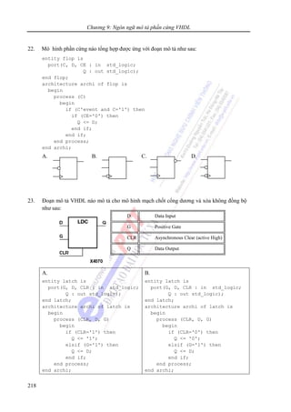 Chương 9: Ngôn ngữ mô tả phần cứng VHDL
218
22. Mô hình phần cứng nào tổng hợp được ứng với đoạn mô tả như sau:
entity flop is
port(C, D, CE : in std_logic;
Q : out std_logic);
end flop;
architecture archi of flop is
begin
process (C)
begin
if (C'event and C='1') then
if (CE='0') then
Q <= D;
end if;
end if;
end process;
end archi;
A. B. C. D.
23. Đoạn mô tả VHDL nào mô tả cho mô hình mạch chốt cổng dương và xóa không đồng bộ
như sau:
A.
entity latch is
port(G, D, CLR : in std_logic;
Q : out std_logic);
end latch;
architecture archi of latch is
begin
process (CLR, D, G)
begin
if (CLR='1') then
Q <= '1';
elsif (G='1') then
Q <= D;
end if;
end process;
end archi;
B.
entity latch is
port(G, D, CLR : in std_logic;
Q : out std_logic);
end latch;
architecture archi of latch is
begin
process (CLR, D, G)
begin
if (CLR='0') then
Q <= '0';
elsif (G='1') then
Q <= D;
end if;
end process;
end archi;
D Data Input
G Positive Gate
CLR Asynchronous Clear (active High)
Q Data Output
 