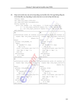 Chương 9: Ngôn ngữ mô tả phần cứng VHDL
223
28. Đoạn mô tả kiến trúc nào mô tả hoạt động của bộ đếm tiến 4 bit nạp không đồng bộ
từ tín hiệu đầu vào, hoạt động ở sườn clock âm và có mô tả thực thể như sau:
library ieee;
use ieee.std_logic_1164.all;
use ieee.std_logic_unsigned.all;
entity counter is
port( Clk, ALOAD : in std_logic; -- Clock và tín hiệu nạp
D : in std_logic_vector(3 downto 0); -- Đầu vào bộ đếm
Q : out std_logic_vector(3 downto 0)); -- Đầu ra bộ đếm
end counter;
A.
architecture archi of counter is
signal tmp: std_logic_vector(3
downto 0);
begin
process (Clk,ALOAD, D)
begin
if (ALOAD='1') then
tmp <= D;
elsif (Clk'event and Clk='1')
then tmp <= tmp + 1;
end if;
end process;
Q <= tmp;
end archi;
B.
architecture archi of counter is
signal tmp: std_logic_vector(3
downto 0);
begin
process (Clk,D)
begin
if (ALOAD='1') then
tmp <= D;
elsif (Clk'event and Clk='0')
then tmp <= tmp + 1;
end if;
end process;
Q <= tmp;
end archi;
C.
architecture archi of counter is
signal tmp: std_logic_vector(3
downto 0);
begin
process (Clk,ALOAD, D)
begin
if (ALOAD='1') then
tmp <= D;
elsif (Clk'event and Clk='0')
then tmp <= tmp + 1;
end if;
end process;
Q <= tmp;
end archi;
D.
architecture archi of counter is
signal tmp: std_logic_vector(3
downto 0);
begin
process (Clk)
begin
if (ALOAD='1') then
tmp <= D;
elsif (Clk'event and Clk='0')
then tmp <= tmp + 1;
end if;
end process;
Q <= tmp;
end archi;
 
