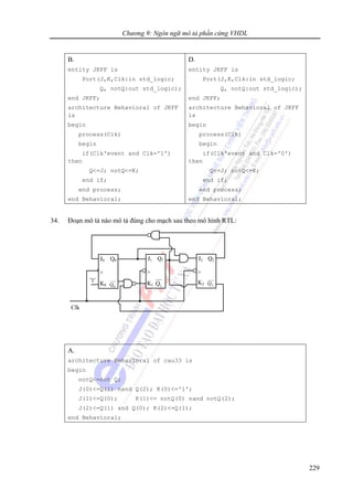 Chương 9: Ngôn ngữ mô tả phần cứng VHDL
229
B.
entity JKFF is
Port(J,K,Clk:in std_logic;
Q, notQ:out std_logic);
end JKFF;
architecture Behavioral of JKFF
is
begin
process(Clk)
begin
if(Clk'event and Clk='1')
then
Q<=J; notQ<=K;
end if;
end process;
end Behavioral;
D.
entity JKFF is
Port(J,K,Clk:in std_logic;
Q, notQ:out std_logic);
end JKFF;
architecture Behavioral of JKFF
is
begin
process(Clk)
begin
if(Clk'event and Clk='0')
then
Q<=J; notQ<=K;
end if;
end process;
end Behavioral;
34. Đoạn mô tả nào mô tả đúng cho mạch sau theo mô hình RTL:
A.
architecture Behavioral of cau33 is
begin
notQ<=not Q;
J(0)<=Q(1) nand Q(2); K(0)<='1';
J(1)<=Q(0); K(1)<= notQ(0) nand notQ(2);
J(2)<=Q(1) and Q(0); K(2)<=Q(1);
end Behavioral;
Clk
J1 Q1
>
K1 1Q
'1'
J2 Q2
>
K2 2Q
J0 Q0
>
K0 0Q
 