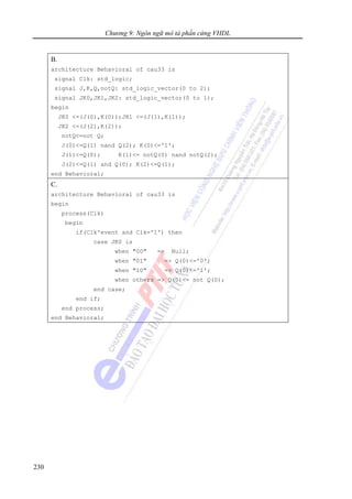 Chương 9: Ngôn ngữ mô tả phần cứng VHDL
230
B.
architecture Behavioral of cau33 is
signal Clk: std_logic;
signal J,K,Q,notQ: std_logic_vector(0 to 2);
signal JK0,JK1,JK2: std_logic_vector(0 to 1);
begin
JK0 <=(J(0),K(0));JK1 <=(J(1),K(1));
JK2 <=(J(2),K(2));
notQ<=not Q;
J(0)<=Q(1) nand Q(2); K(0)<='1';
J(1)<=Q(0); K(1)<= notQ(0) nand notQ(2);
J(2)<=Q(1) and Q(0); K(2)<=Q(1);
end Behavioral;
C.
architecture Behavioral of cau33 is
begin
process(Clk)
begin
if(Clk'event and Clk='1') then
case JK0 is
when "00" => Null;
when "01" => Q(0)<='0';
when "10" => Q(0)<='1';
when others => Q(0)<= not Q(0);
end case;
end if;
end process;
end Behavioral;
 