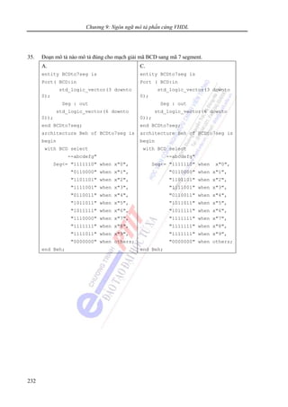 Chương 9: Ngôn ngữ mô tả phần cứng VHDL
232
35. Đoạn mô tả nào mô tả đúng cho mạch giải mã BCD sang mã 7 segment.
A.
entity BCDto7seg is
Port( BCD:in
std_logic_vector(3 downto
0);
Seg : out
std_logic_vector(6 downto
0));
end BCDto7seg;
architecture Beh of BCDto7seg is
begin
with BCD select
--abcdefg"
Seg<= "1111110" when x"0",
"0110000" when x"1",
"1101101" when x"2",
"1111001" when x"3",
"0110011" when x"4",
"1011011" when x"5",
"1011111" when x"6",
"1110000" when x"7",
"1111111" when x"8",
"1111011" when x"9",
"0000000" when others;
end Beh;
C.
entity BCDto7seg is
Port ( BCD:in
std_logic_vector(3 downto
0);
Seg : out
std_logic_vector(6 downto
0));
end BCDto7seg;
architecture Beh of BCDto7seg is
begin
with BCD select
--abcdefg"
Seg<= "1111110" when x"0",
"0110000" when x"1",
"1101101" when x"2",
"1111001" when x"3",
"0110011" when x"4",
"1011011" when x"5",
"1011111" when x"6",
"1111111" when x"7",
"1111111" when x"8",
"1111111" when x"9",
"0000000" when others;
end Beh;
 