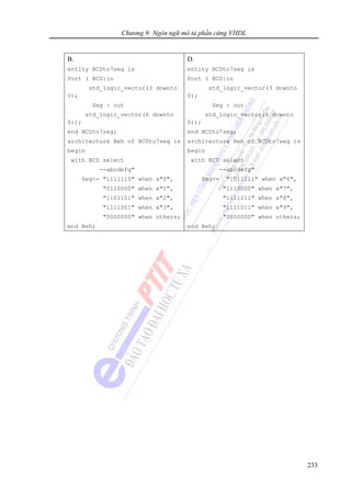 Chương 9: Ngôn ngữ mô tả phần cứng VHDL
233
B.
entity BCDto7seg is
Port ( BCD:in
std_logic_vector(3 downto
0);
Seg : out
std_logic_vector(6 downto
0));
end BCDto7seg;
architecture Beh of BCDto7seg is
begin
with BCD select
--abcdefg"
Seg<= "1111110" when x"0",
"0110000" when x"1",
"1101101" when x"2",
"1111001" when x"3",
"0000000" when others;
end Beh;
D.
entity BCDto7seg is
Port ( BCD:in
std_logic_vector(3 downto
0);
Seg : out
std_logic_vector(6 downto
0));
end BCDto7seg;
architecture Beh of BCDto7seg is
begin
with BCD select
--abcdefg"
Seg<= "1011111" when x"6",
"1110000" when x"7",
"1111111" when x"8",
"1111011" when x"9",
"0000000" when others;
end Beh;
 