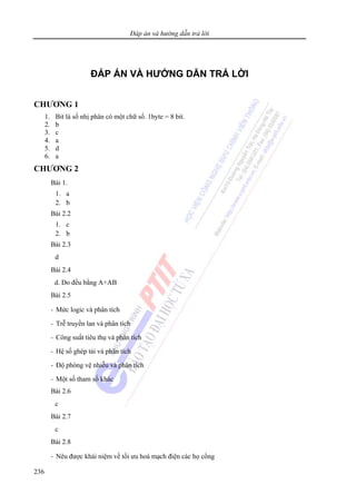Đáp án và hướng dẫn trả lời
236
ĐÁP ÁN VÀ HƯỚNG DẪN TRẢ LỜI
CHƯƠNG 1
1. Bit là số nhị phân có một chữ số. 1byte = 8 bit.
2. b
3. c
4. a
5. d
6. a
CHƯƠNG 2
Bài 1.
1. a
2. b
Bài 2.2
1. c
2. b
Bài 2.3
d
Bài 2.4
d. Do đều bằng A+AB
Bài 2.5
- Mức logic và phân tích
- Trễ truyền lan và phân tích
- Công suất tiêu thụ và phân tích
- Hệ số ghép tải và phân tích
- Độ phòng vệ nhiễu và phân tích
- Một số tham số khác
Bài 2.6
c
Bài 2.7
c
Bài 2.8
- Nêu được khái niệm về tối ưu hoá mạch điện các họ cổng
 