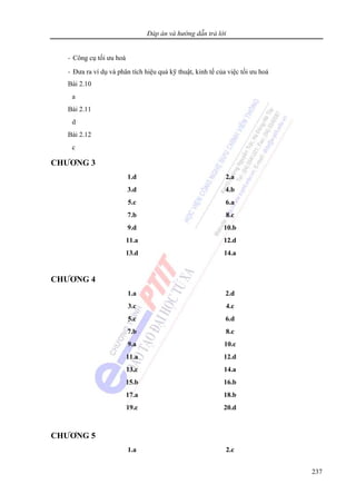 Đáp án và hướng dẫn trả lời
237
- Công cụ tối ưu hoá
- Đưa ra ví dụ và phân tích hiệu quả kỹ thuật, kinh tế của việc tối ưu hoá
Bài 2.10
a
Bài 2.11
d
Bài 2.12
c
CHƯƠNG 3
CHƯƠNG 4
1.a 2.d
3.c 4.c
5.c 6.d
7.b 8.c
9.a 10.c
11.a 12.d
13.c 14.a
15.b 16.b
17.a 18.b
19.c 20.d
CHƯƠNG 5
1.a 2.c
1.d 2.a
3.d 4.b
5.c 6.a
7.b 8.c
9.d 10.b
11.a 12.d
13.d 14.a
 