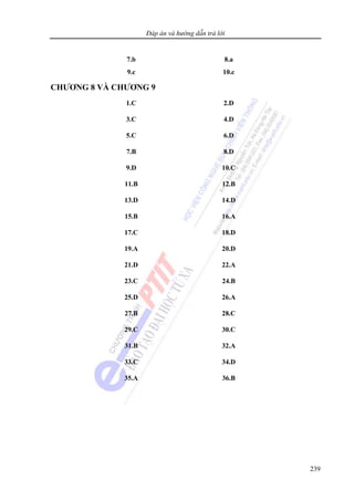 Đáp án và hướng dẫn trả lời
239
7.b 8.a
9.c 10.c
CHƯƠNG 8 VÀ CHƯƠNG 9
1.C 2.D
3.C 4.D
5.C 6.D
7.B 8.D
9.D 10.C
11.B 12.B
13.D 14.D
15.B 16.A
17.C 18.D
19.A 20.D
21.D 22.A
23.C 24.B
25.D 26.A
27.B 28.C
29.C 30.C
31.B 32.A
33.C 34.D
35.A 36.B
 