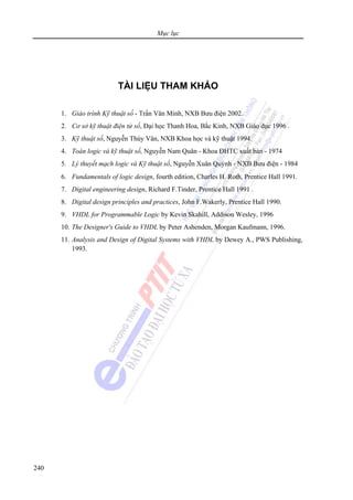 Mục lục
240
TÀI LIỆU THAM KHẢO
1. Giáo trình Kỹ thuật số - Trần Văn Minh, NXB Bưu điện 2002.
2. Cơ sở kỹ thuật điện tử số, Đại học Thanh Hoa, Bắc Kinh, NXB Giáo dục 1996 .
3. Kỹ thuật số, Nguyễn Thúy Vân, NXB Khoa học và kỹ thuật 1994.
4. Toán logic và kỹ thuật số, Nguyễn Nam Quân - Khoa ĐHTC xuất bản - 1974
5. Lý thuyết mạch logic và Kỹ thuật số, Nguyễn Xuân Quỳnh - NXB Bưu điện - 1984
6. Fundamentals of logic design, fourth edition, Charles H. Roth, Prentice Hall 1991.
7. Digital engineering design, Richard F.Tinder, Prentice Hall 1991 .
8. Digital design principles and practices, John F.Wakerly, Prentice Hall 1990.
9. VHDL for Programmable Logic by Kevin Skahill, Addison Wesley, 1996
10. The Designer's Guide to VHDL by Peter Ashenden, Morgan Kaufmann, 1996.
11. Analysis and Design of Digital Systems with VHDL by Dewey A., PWS Publishing,
1993.
 