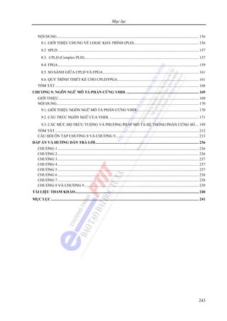 Mục lục
243
NỘI DUNG.................................................................................................................................................... 156
8.1. GIỚI THIỆU CHUNG VỀ LOGIC KHẢ TRÌNH (PLD)...................................................................156
8.2 SPLD................................................................................................................................................... 157
8.3. CPLD (Complex PLD)....................................................................................................................... 157
8.4. FPGA................................................................................................................................................... 159
8.5. SO SÁNH GIỮA CPLD VÀ FPGA....................................................................................................161
8.6. QUY TRÌNH THIẾT KẾ CHO CPLD/FPGA.....................................................................................161
TÓM TẮT...................................................................................................................................................... 168
CHƯƠNG 9: NGÔN NGỮ MÔ TẢ PHẦN CỨNG VHDL ........................................................................... 169
GIỚI THIỆU.................................................................................................................................................. 169
NỘI DUNG.................................................................................................................................................... 170
9.1. GIỚI THIỆU NGÔN NGỮ MÔ TẢ PHẦN CỨNG VHDL ............................................................... 170
9.2. CẤU TRÚC NGÔN NGỮ CỦA VHDL.............................................................................................171
9.3. CÁC MỨC ĐỘ TRỪU TƯỢNG VÀ PHƯƠNG PHÁP MÔ TẢ HỆ THỐNG PHẦN CỨNG SỐ.... 199
TÓM TẮT...................................................................................................................................................... 212
CÂU HỎI ÔN TẬP CHƯƠNG 8 VÀ CHƯƠNG 9.......................................................................................213
ĐÁP ÁN VÀ HƯỚNG DẪN TRẢ LỜI............................................................................................................236
CHƯƠNG 1................................................................................................................................................... 236
CHƯƠNG 2................................................................................................................................................... 236
CHƯƠNG 3................................................................................................................................................... 237
CHƯƠNG 4................................................................................................................................................... 237
CHƯƠNG 5................................................................................................................................................... 237
CHƯƠNG 6................................................................................................................................................... 238
CHƯƠNG 7................................................................................................................................................... 238
CHƯƠNG 8 VÀ CHƯƠNG 9 .......................................................................................................................239
TÀI LIỆU THAM KHẢO................................................................................................................................. 240
MỤC LỤC.......................................................................................................................................................... 241
 