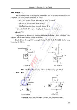 Chương 3: Cổng logic TTL và CMOS
37
3.1.5. Họ MOS FET
Bán dẫn trường (MOS FET) cũng được dùng rất phổ biến để xây dựng mạch điện các loại
cổng logic. Đặc điểm chung và nổi bật của họ này là:
− Mạch điện chỉ bao gồm các MOS FET mà không có điện trở
− Dải điện thế công tác rộng, có thể từ +3 đến +15 V
− Độ trễ thời gian lớn, nhưng công suất tiêu thụ rất bé
Tuỳ theo loại MOS FET được sử dụng, họ này được chia ra các tiểu họ sau.
1. Loại PMOS
Mạch điện của họ cổng này chỉ dùng MOSFET có kênh dẫn loại P. Công nghệ PMOS cho
phép sản xuất các mạch tích hợp với mật độ cao nhất.
Hình 3-12 là sơ đồ cổng NOT và cổng NOR loại PMOS. Ở đây MOSFET Q2, Q5 đóng
chức năng các điện trở.
Hình 3-12. Mạch điện của cổng NOT và NOR theo công nghệ PMOS.
2. Loại NMOS
Hình 3-13. Mạch điện cổng NAND và NOR theo công nghệ NMOS.
VSS
S
G
D
Q2
VDD
S
G
D
Q1
A
f = A
VSS
S
G
D
Q5
A
B
VDD
S
G
D
Q4
S
G
D
Q3
f= A+B
a) Cổng NOT b) Cổng NOR
VSS
VDD
Q1
Q2
Q3
A
B
f
A B
VSS
VDD
Q1
f
Q3Q2
a) Cổng NAND b) Cổng NOR
 