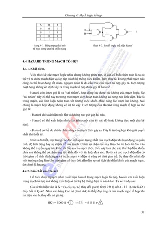 Chương 4: Mạch logic tổ hợp
51
4.4 HAZARD TRONG MẠCH TỔ HỢP
4.4.1. Khái niệm.
Việc thiết kế các mạch logic nhìn chung không phức tạp, vì cần có biểu thức toán là ta có
thể vẽ ra được mạch điện và lắp ráp thành hệ thống điều khiển. Trên thực tế, không phải mạch nào
cũng có thể hoạt động tốt được, nguyên nhân là do cấu trúc của mạch tổ hợp gây ra, hiện tượng
hoạt động không ổn định xảy ra trong mạch tổ hợp được gọi là hazard.
Hazard còn được gọi là sự "sai nhầm", hoạt động lúc được lúc không của mạch logic. Sự
"sai nhầm" này có thể xảy ra trong một mạch điện hoàn toàn không có hỏng hóc linh kiện. Tức là
trong mạch, các linh kiện hoàn toàn tốt nhưng điều khiển chức năng lúc được lúc không. Nói
chung là mạch hoạt động không có sự tin cậy. Hiện tượng của Hazard trong mạch tổ hợp có thể
gặp là:
- Hazard chỉ xuất hiện một lần và không bao giờ gặp lại nữa.
- Hazard có thể xuất hiện nhiều lần (theo một chu kỳ nào đó hoặc không theo một chu kỳ
nào).
- Hazard có thể do chính chức năng của mạch điện gây ra. Đây là trường hợp khó giải quyết
nhất khi thiết kế.
Như ta đã biết, một trong các đặc tính quan trọng nhất của mạch điện khi hoạt động là quán
tính, độ linh động hay sự chậm trễ của mạch. Chính sự chậm trễ này làm cho tín hiệu từ đầu vào
không thể truyền ngay tức khắc tới đầu ra của mạch điện, điều này làm cho các thiết bị điều khiển
phía sau không thể có phản ứng tức khắc đối với tín hiệu đưa vào. Do tất cả các mạch điện đều có
thời gian trễ nhất định, ngay cả ở các mạch vi điện tử cũng có thời gian trễ. Sự thay đổi nhiệt độ
môi trường cũng làm cho thời gian trễ thay đổi, dẫn đến sự sai lệch khi điều khiển của mạch logic,
đó chính là hazard.
4.4.2. Bản chất của Hazard
Để hiểu được nguyên nhân xuất hiện hazard trong mạch logic tổ hợp, hazard chỉ xuất hiện
trong mạch tổ hợp mà không xuất hiện ở bất kỳ hệ thống điện tử nào khác. Ta xét ví dụ sau:
Giả sử tín hiệu vào là X = (x1, x2, x3, x4) thay đổi giá trị từ (0 0 0 1) đến (1 1 1 1), tức là (X)
thay đổi từ Q→P. Nhìn vào bảng Cac nô (hình 4-4) ta thấy đáp ứng ra của mạch logic tổ hợp khi
tín hiệu vào bị thay đổi có giá trị:
A B f
0 0 0
0 1 1
1 0 1
1 1 0
A
B
f
Bảng 4-1. Bảng trạng thái mô
tả hoạt động của hệ chiếu sáng
Hình 4-3. Sơ đồ logic thể hiện hàm f
f(Q) = f(0001) = 1 → f(P) = f(1111)= 1
 