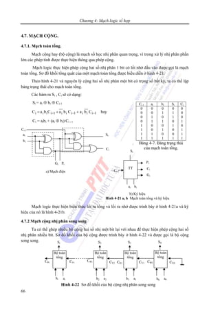 Chương 4: Mạch logic tổ hợp
66
4.7. MẠCH CỘNG.
4.7.1. Mạch toàn tổng.
Mạch cộng hay (bộ cộng) là mạch số học nhị phân quan trọng, vì trong xử lý nhị phân phần
lớn các phép tính được thực hiện thông qua phép cộng.
Mạch logic thực hiện phép cộng hai số nhị phân 1 bit có lối nhớ đầu vào được gọi là mạch
toàn tổng. Sơ đồ khối tổng quát của một mạch toàn tổng được biểu diễn ở hình 4-21.
Theo hình 4-21 và nguyên lý cộng hai số nhị phân một bit có trọng số bất kỳ, ta có thể lập
bảng trạng thái cho mạch toàn tổng.
Các hàm ra Si , Ci sẽ có dạng:
Si = ai ⊕ bi ⊕ Ci-1
1iii1iii1iiii CbaCbaCbaC −−− ++= hay
Ci = aibi + (ai ⊕ bi) Ci - 1
Mạch logic thực hiện biểu thức lối ra tổng và lối ra nhớ được trình bày ở hình 4-21a và ký
hiệu của nó là hình 4-21b.
4.7.2 Mạch cộng nhị phân song song
Ta có thể ghép nhiều bộ cộng hai số nhị một bit lại với nhau để thực hiện phép cộng hai số
nhị phân nhiều bit. Sơ đồ khối của bộ cộng được trình bày ở hình 4-22 và được gọi là bộ cộng
song song.
Ci-1 ai bi Si Ci
0
0
0
0
1
1
1
1
0
0
1
1
0
0
1
1
0
1
0
1
0
1
0
1
0
1
1
0
1
0
0
1
0
0
0
1
0
1
1
1
Bảng 4-7. Bảng trạng thái
của mạch toàn tổng.Ci
bi
ai Si
Ci-1
Gi Pi
a) Mạch điện
TT
Si
Ci-1
Pi
Ci
Gi
ai bi
b) Ký hiệu
Hình 4-21 a, b Mạch toàn tổng và ký hiệu
S0
CV0
a0b0
CR0
Bộ toàn
tổng
S1
CV1
a1b1
CR1
Bộ toàn
tổng
S2
CV2
a2b2
CR2
Bộ toàn
tổng
Si
CVi
aibi
CRi
Bộ toàn
tổng
Hình 4-22 Sơ đồ khối của bộ cộng nhị phân song song
 