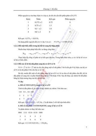 Chương 1: Hệ đếm
7
Phần nguyên ta vừa thực hiện ở ví dụ a), do đó chỉ cần đổi phần phân số 0,375.
Bước Nhân Kết quả Phần nguyên
1
2
3
4
0,375 x 2
0,75 x 2
0,5 x 2
0,0 x 2
0.75
1.5
1.0
0
0
1
1
0
Kết quả : 0,37510 = 0,01102
Sử dụng phần nguyên đã có ở ví dụ 1) ta có : 57,37510 = 111001.01102
1.2.2. Đổi một biểu diễn trong hệ bất kì sang hệ thập phân
Muốn thực hiện phép biến đổi, ta dùng công thức :
n 1 0 1 m
10 n 1 0 1 mN a r .... a r a r .... a r− − −
− − −= × + + × + × + + ×
Thực hiện lấy tổng vế phải sẽ có kết quả cần tìm. Trong biểu thức trên, ai và r là hệ số và cơ
số hệ có biểu diễn.
1.2.3. Đổi các số từ hệ nhị phân sang hệ cơ số 8 và 16
Vì 8 = 23
và 16 = 24
nên ta chỉ cần dùng một số nhị phân 3 bit là đủ ghi 8 ký hiệu của hệ cơ
số 8 và từ nhị phân 4 bit cho hệ cơ số 16.
Do đó, muốn đổi một số nhị phân sang hệ cơ số 8 và 16 ta chia số nhị phân cần đổi, kể từ
dấu phân số sang trái và phải thành từng nhóm 3 bit hoặc 4 bit. Sau đó thay các nhóm bit đã phân
bằng ký hiệu tương ứng của hệ cần đổi tới.
Ví dụ:
a. Đổi số 110111,01112 sang số hệ cơ số 8
Tính từ dấu phân số, ta chia số này thành các nhóm 3 bit như sau :
110 111 , 011 100
↓ ↓ ↓ ↓
6 7 3 4
Kết quả: 110111,01112 = 67,348. ( Ta đã thêm 2 số 0 để tiện biến đổi).
b. Đổi số nhị phân 111110110,011012 sang số hệ cơ số 16
Ta phân nhóm và thay thế như sau :
0001 1111 0110 0110 1000
↓ ↓ ↓ ↓ ↓
1 F 6 6 8
Kết quả: 111110110,011012 = 1F6,6816
 