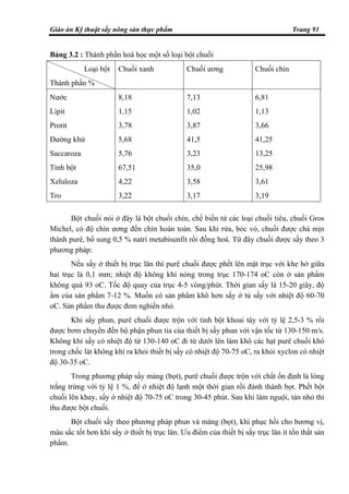 Giáo án Kỹ thuật sấy nông sản thực phẩm Trang 91
Bảng 3.2 : Thành phần hoá học một số loại bột chuối
Loại bột
Thành phần %
Chuối xanh Chuối ương Chuối chín
Nước 8,18 7,13 6,81
Lipit 1,15 1,02 1,13
Protit 3,78 3,87 3,66
Đường khử 5,68 41,5 41,25
Saccaroza 5,76 3,23 13,25
Tinh bột 67,51 35,0 25,98
Xeluloza 4,22 3,58 3,61
Tro 3,22 3,17 3,19
Bột chuối nói ở đây là bột chuối chín, chế biến từ các loại chuối tiêu, chuối Gros
Michel, có độ chín ương đến chín hoàn toàn. Sau khi rửa, bóc vỏ, chuối được chà mịn
thành purê, bổ sung 0,5 % natri metabisunfit rồi đồng hoá. Từ đây chuối được sấy theo 3
phương pháp:
Nếu sấy ở thiết bị trục lăn thì purê chuối được phết lên mặt trục với khe hở giữa
hai trục là 0,1 mm; nhiệt độ không khí nóng trong trục 170-174 oC còn ở sản phẩm
không quá 93 oC. Tốc độ quay của trục 4-5 vòng/phút. Thời gian sấy là 15-20 giây, độ
ẩm của sản phẩm 7-12 %. Muốn có sản phẩm khô hơn sấy ở tủ sấy với nhiệt độ 60-70
oC. Sản phẩm thu được đem nghiền nhỏ.
Khi sấy phun, purê chuối được trộn với tinh bột khoai tây với tỷ lệ 2,5-3 % rồi
được bơm chuyển đến bộ phận phun tia của thiết bị sấy phun với vận tốc từ 130-150 m/s.
Không khí sấy có nhiệt độ từ 130-140 oC đi từ dưới lên làm khô các hạt purê chuối khô
trong chốc lát không khí ra khỏi thiết bị sấy có nhiệt độ 70-75 oC, ra khỏi xyclon có nhiệt
độ 30-35 oC.
Trong phương pháp sấy màng (bọt), purê chuối được trộn với chất ổn định là lòng
trắng trứng với tỷ lệ 1 %, để ở nhiệt độ lạnh một thời gian rồi đánh thành bọt. Phết bột
chuối lên khay, sấy ở nhiệt độ 70-75 oC trong 30-45 phút. Sau khi làm nguội, tán nhỏ thì
thu được bột chuối.
Bột chuối sấy theo phương pháp phun và màng (bọt), khi phục hồi cho hương vị,
màu sắc tốt hơn khi sấy ở thiết bị trục lăn. Ưu điểm của thiết bị sấy trục lăn ít tổn thất sản
phẩm.
 