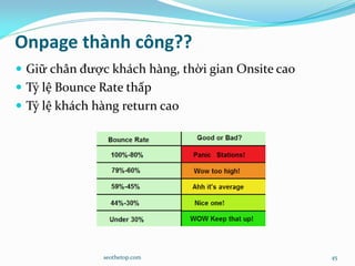 Onpage thành công??
 Giữ chân được khách hàng, thời gian Onsite cao
 Tỷ lệ Bounce Rate thấp
 Tỷ lệ khách hàng return cao
seothetop.com 45
 