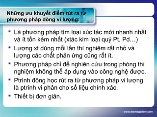 www.themegallery.com
Những ưu khuyết điểm rút ra từ
phương pháp dòng vi lượng:
 Là phương pháp tìm loại xúc tác mới nhanh nhất
và ít tốn kém nhất (xtác kim loại quý Pt, Pd…)
 Lượng xt dùng mỗi lần thí nghiệm rất nhỏ và
lượng các chất phản ứng cũng rất ít.
 Phương pháp chỉ để nghiên cứu trong phòng thí
nghiệm không thể áp dụng vào công nghệ được.
 Ptrình động học rút ra từ phương pháp vi lượng
là ptrình vi phân cho số liệu chính xác.
 Thiết bị đơn giản.
 