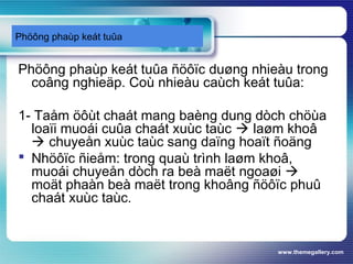 www.themegallery.com
Phöông phaùp keát tuûa
Phöông phaùp keát tuûa ñöôïc duøng nhieàu trong
coâng nghieäp. Coù nhieàu caùch keát tuûa:
1- Taåm öôùt chaát mang baèng dung dòch chöùa
loaïi muoái cuûa chaát xuùc taùc  laøm khoâ
 chuyeån xuùc taùc sang daïng hoaït ñoäng
 Nhöôïc ñieåm: trong quaù trình laøm khoâ,
muoái chuyeån dòch ra beà maët ngoaøi 
moät phaàn beà maët trong khoâng ñöôïc phuû
chaát xuùc taùc.
 
