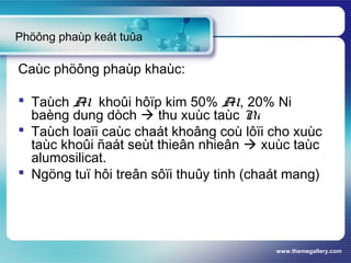 www.themegallery.com
Phöông phaùp keát tuûa
Caùc phöông phaùp khaùc:
 Taùch Al khoûi hôïp kim 50% Al, 20% Ni
baèng dung dòch  thu xuùc taùc Ni
 Taùch loaïi caùc chaát khoâng coù lôïi cho xuùc
taùc khoûi ñaát seùt thieân nhieân  xuùc taùc
alumosilicat.
 Ngöng tuï hôi treân sôïi thuûy tinh (chaát mang)
 