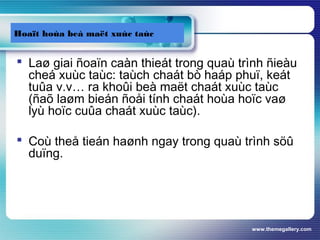 www.themegallery.com
Hoaït hoùa beà maët xuùc taùc
 Laø giai ñoaïn caàn thieát trong quaù trình ñieàu
cheá xuùc taùc: taùch chaát bò haáp phuï, keát
tuûa v.v… ra khoûi beà maët chaát xuùc taùc
(ñaõ laøm bieán ñoåi tính chaát hoùa hoïc vaø
lyù hoïc cuûa chaát xuùc taùc).
 Coù theå tieán haønh ngay trong quaù trình söû
duïng.
 