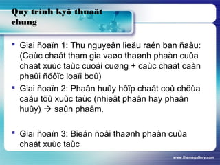 www.themegallery.com
 Giai ñoaïn 1: Thu nguyeân lieäu raén ban ñaàu:
(Caùc chaát tham gia vaøo thaønh phaàn cuûa
chaát xuùc taùc cuoái cuøng + caùc chaát caàn
phaûi ñöôïc loaïi boû)
 Giai ñoaïn 2: Phaân huûy hôïp chaát coù chöùa
caáu töû xuùc taùc (nhieät phaân hay phaân
huûy)  saûn phaåm.
 Giai ñoaïn 3: Bieán ñoåi thaønh phaàn cuûa
chaát xuùc taùc
Quy trình kyõ thuaät
chung
 